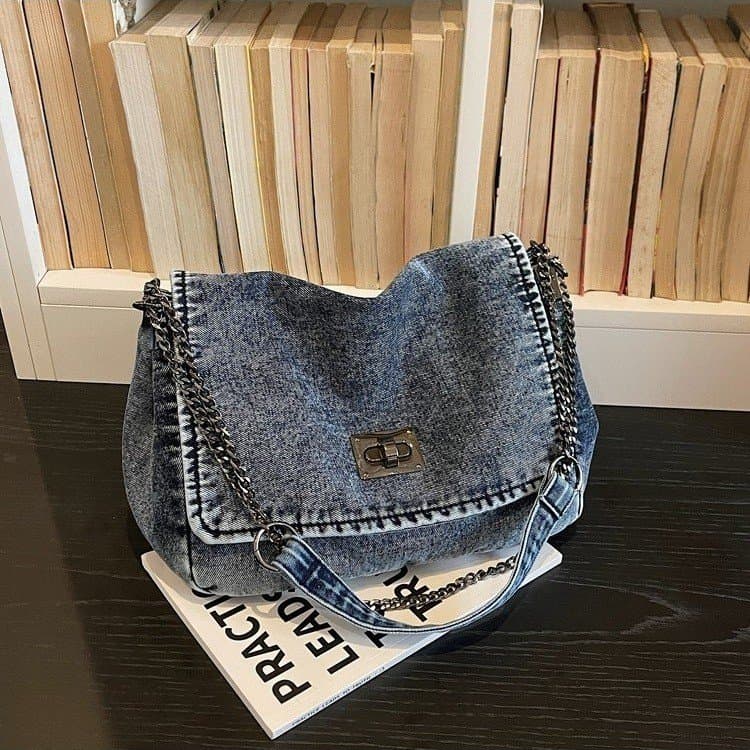 

Washed denim chain tote bag women s shoulder bag синій