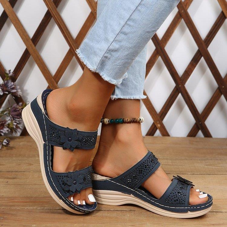 Foreign trade large size 2025 summer new retro casual flower high heel one-character women's shoes wedge heel slippers