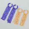 Boho Chic Long Tassel Earrings Women Handwoven Glass Tube Pendant With Geometric Design Yellow Blue