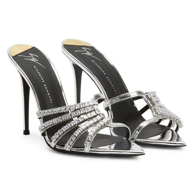

2025 new open-toed pointed rhinestone high-heeled slippers stiletto one pedal and half drag European and American wind rhinestone decoration 34