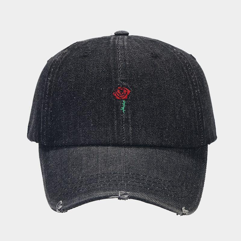 Autumn new denim baseball cap women's rose embroidered soft top cap men's street fashion sun hat tide