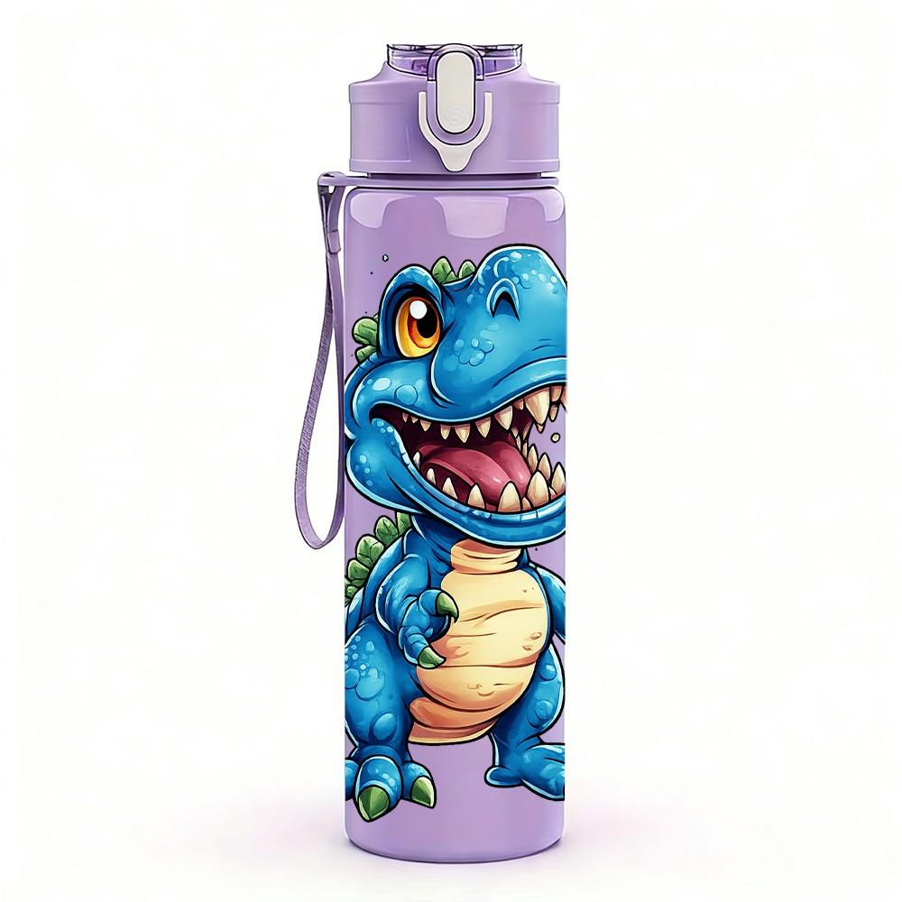 1PC Blue T Rex Dinosaur Kids Cartoon Print 750ml Color Plastic Sports Water Bottle Leakproof Flip Straw Lid Suitable for Sports Office Home Use