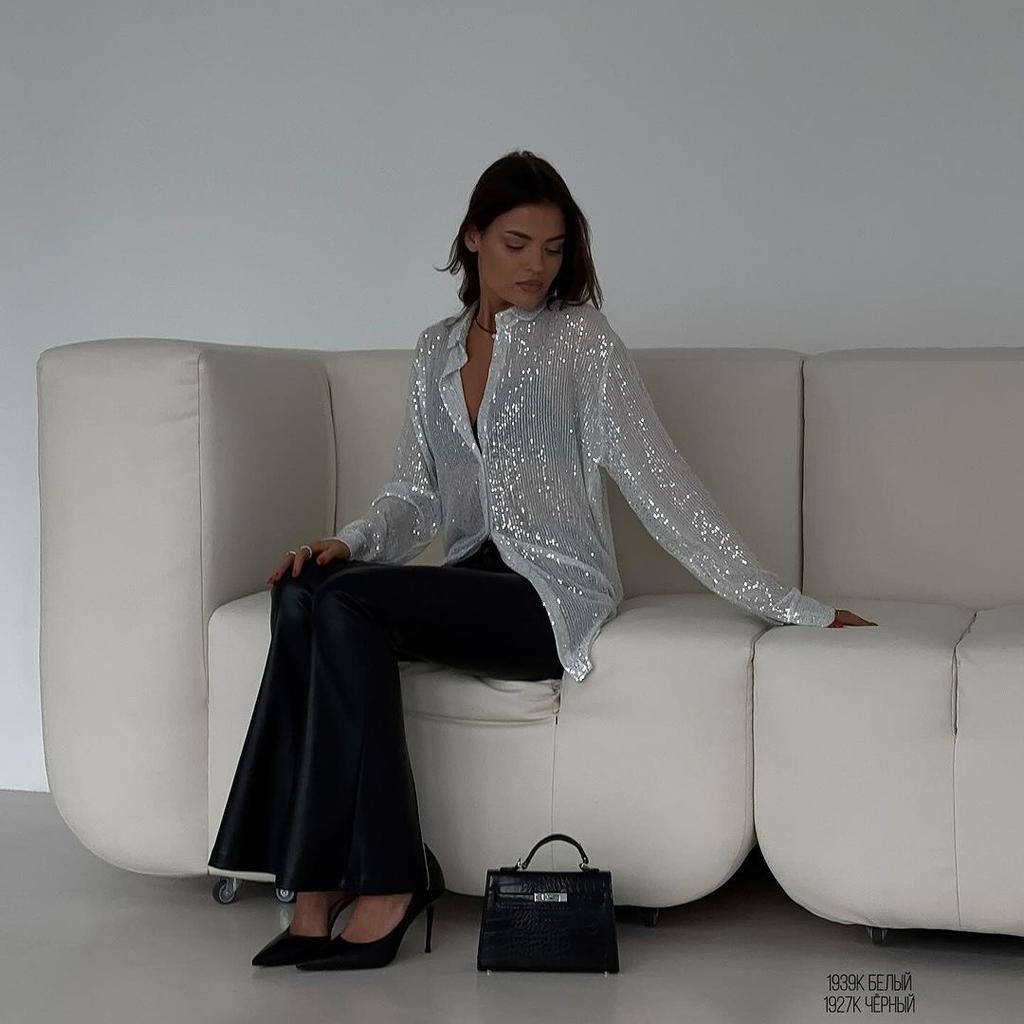 Chemisier ample à paillettes pour femme, cardigan décontracté à revers, nouveau vêtement d'extérieur, blouse de fête à paillettes, chemise de luxe pour femme