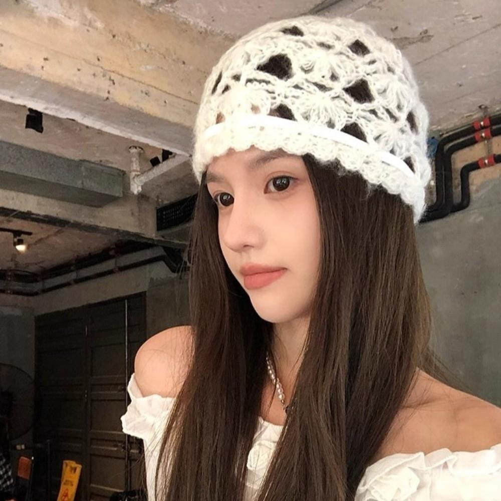 Korean Style Knitted Hat Hollow Design Crochet Hat Fashion Women's Hat  Autumn