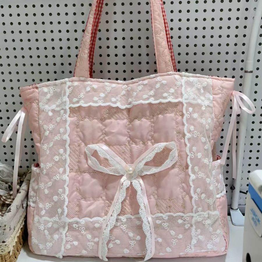 

Sweet Lovely Pink Bow Tote Bag Women Lace Patchwork Plaid Large Capacity Shoulder Bag Ladies Fashion Versatile Underarm Bag Chic