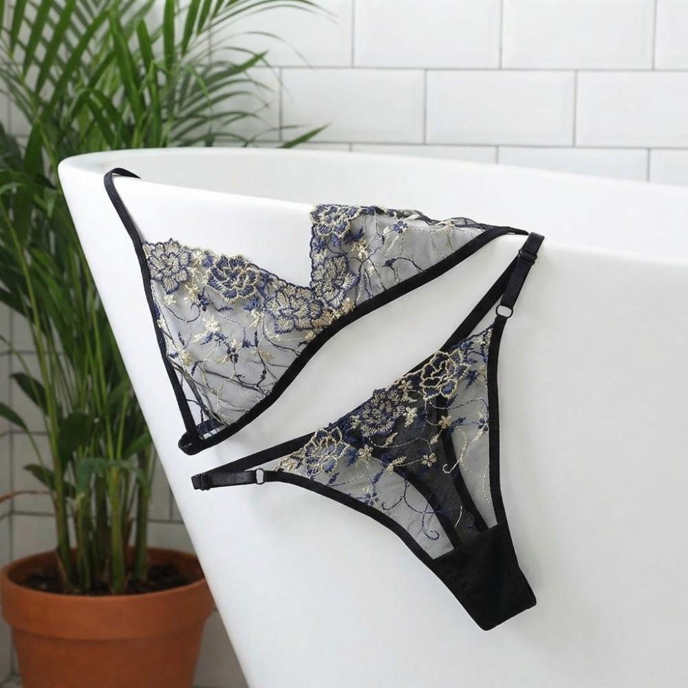 Thin Belt Thong Sheer Flower Thong Bra Set Embroidery Underwear for Women Romantic Night