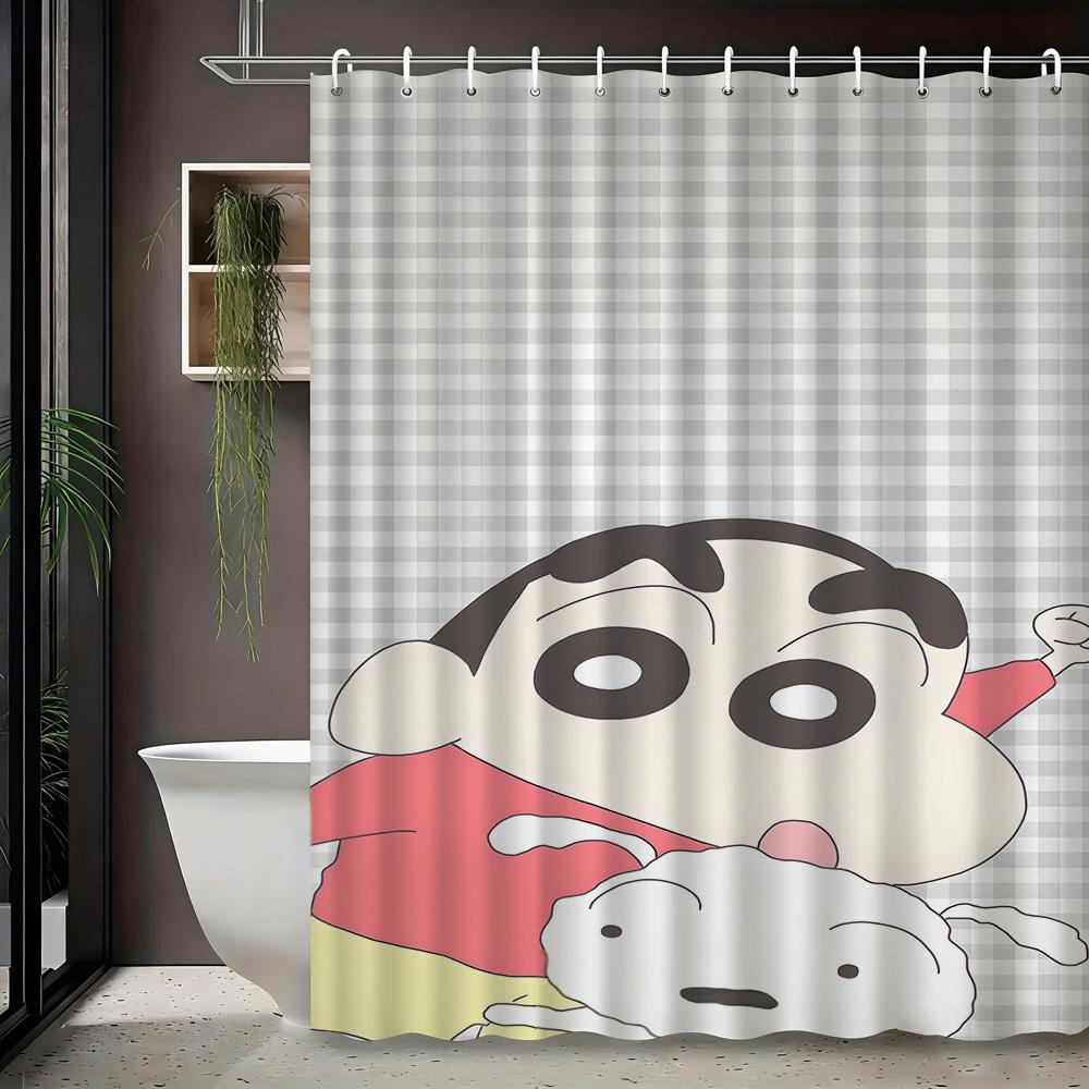Crayon Shin-Chan & Friends Adventure On Rocks 2D Print Waterproof Shower Curtain, Blue Night Anime Bathroom Decor With Hooks