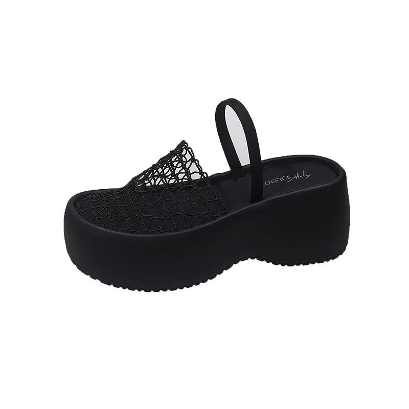 Retro Mesh Hollowed-out Bag Head Cool Slippers Women's Summer Wear Thick-soled Wedge Heels High Heels Vacation Word with Cool Slippers