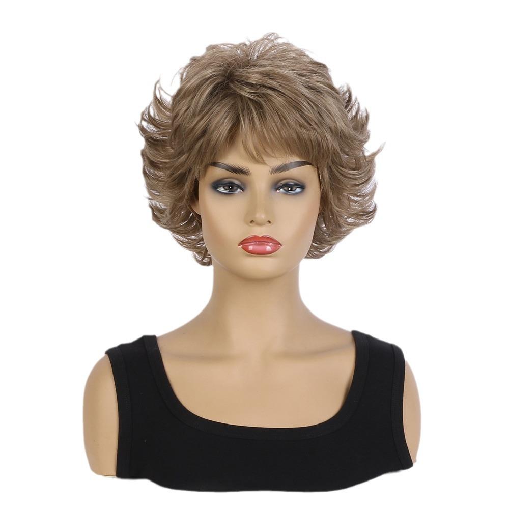 European and American Style Women's Fashion Daily Use Natural Looking Short Curly Wig with Bangs Synthetic Fiber Brown Wig