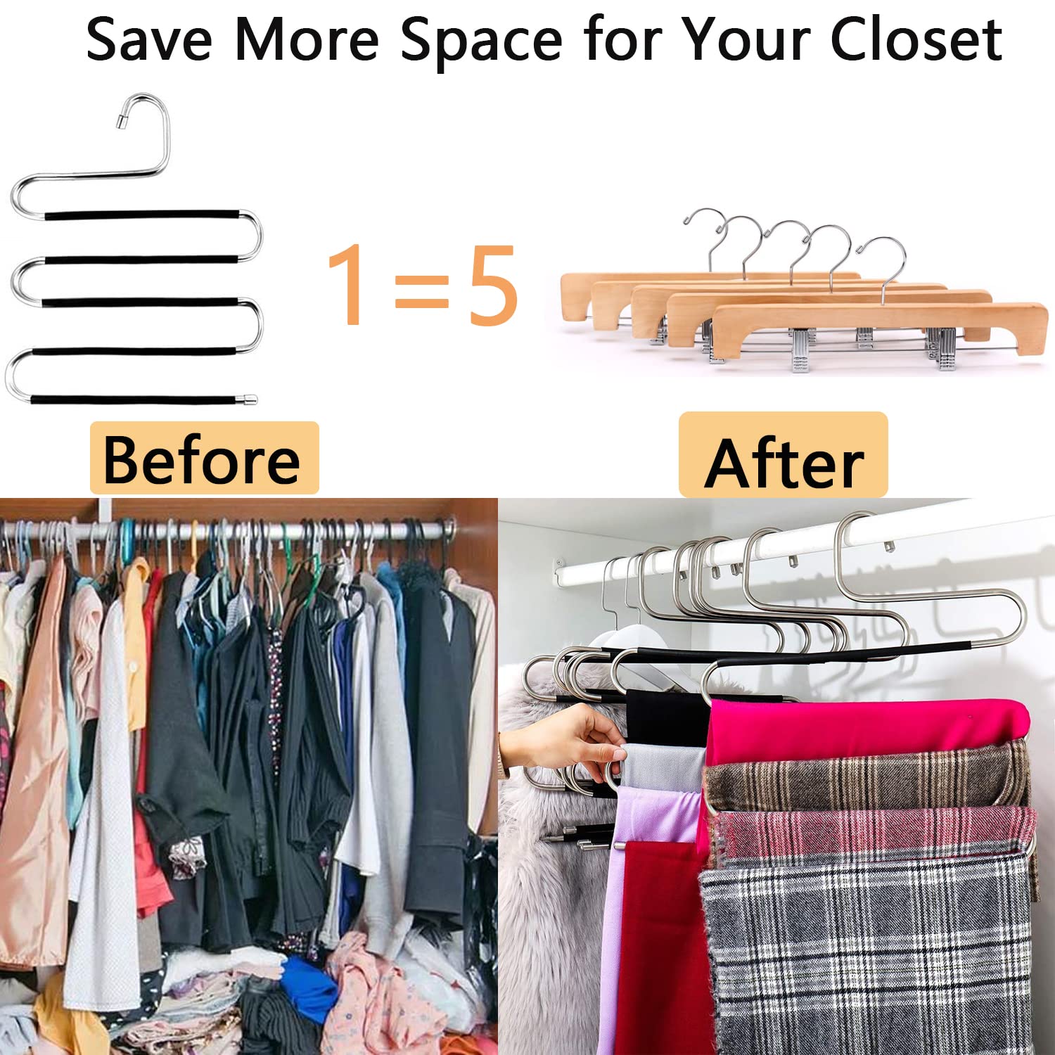 

5 Layer S Shaped Pants Hanger Stainless Steel Non-Slip Multifunction Trousers Ties Wardrobe Organizer Type A