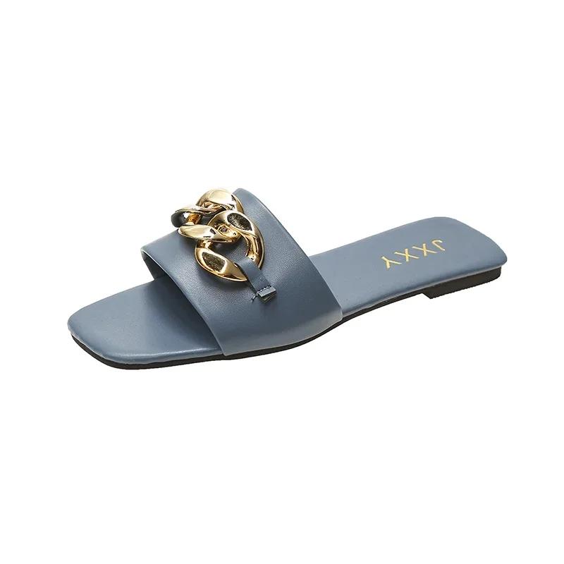 Fashion Wide Fit Slip-On Metal Chain Decor Slides For Women, Breathable Open-Toe Summer Casual Sandals With Adjustable Strap