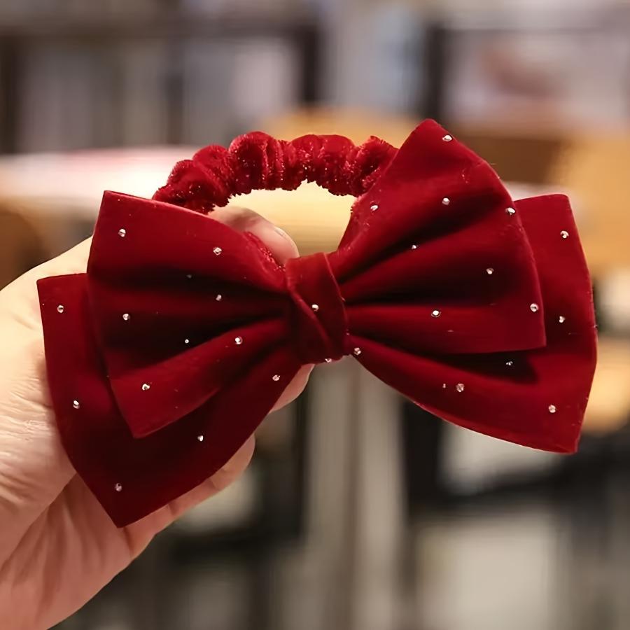A New Vintage French-Style Wine Red Velvet Hair Tie Adorned with Starry Diamonds And a Bow