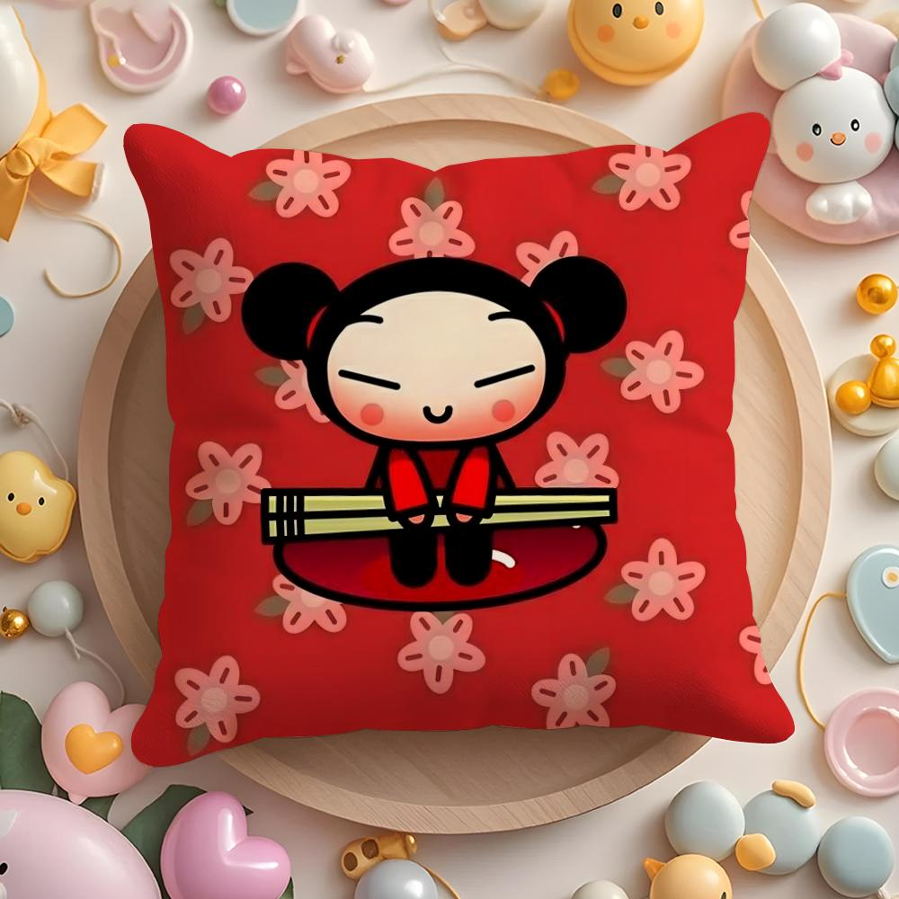 Kawaii P-Pucca Anime Cushion Cover Plush Fabric Soft Double-Sided Printed Sofa Pillow Case Colorfast Home Decor Gift