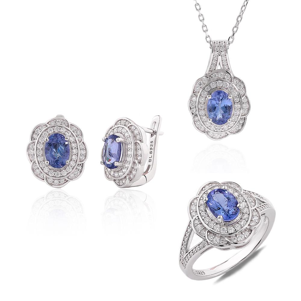 

Элегантный набор украшений с цветочным дизайном: серьги-кольца и кулон с натуральным танзанитом, ювелирные изделия из стерлингового серебра 925 пробы для женских банкетных подарков US RING SIZE:6# синий