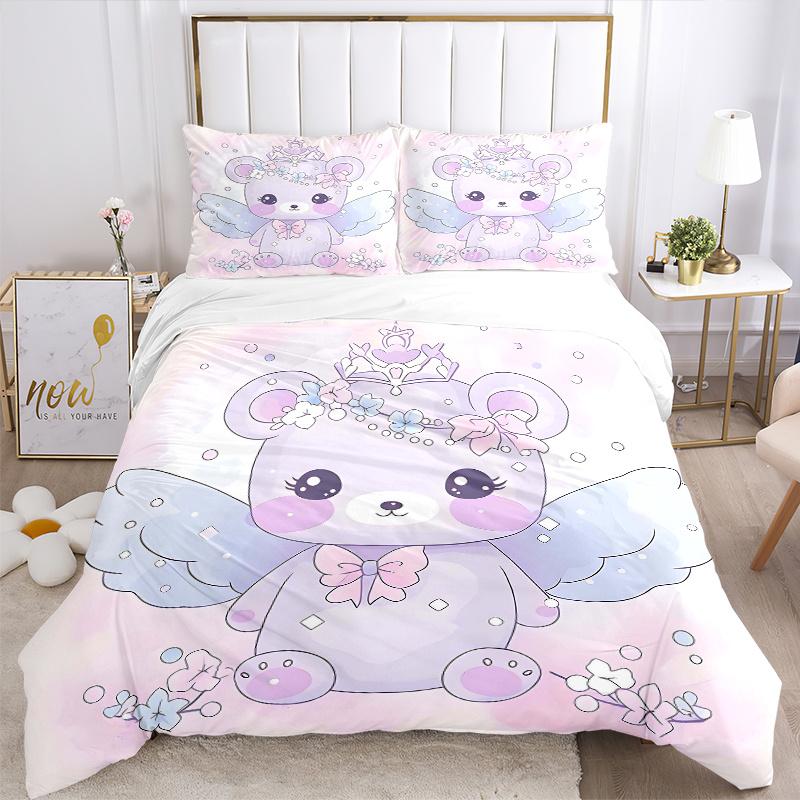 3pcs Angel Bear with Crown Pattern Bedding Three-Piece Set (1 Cover + 2 Pillowcases, No Fillings), This Printed Bedding Set Is Soft and Comf