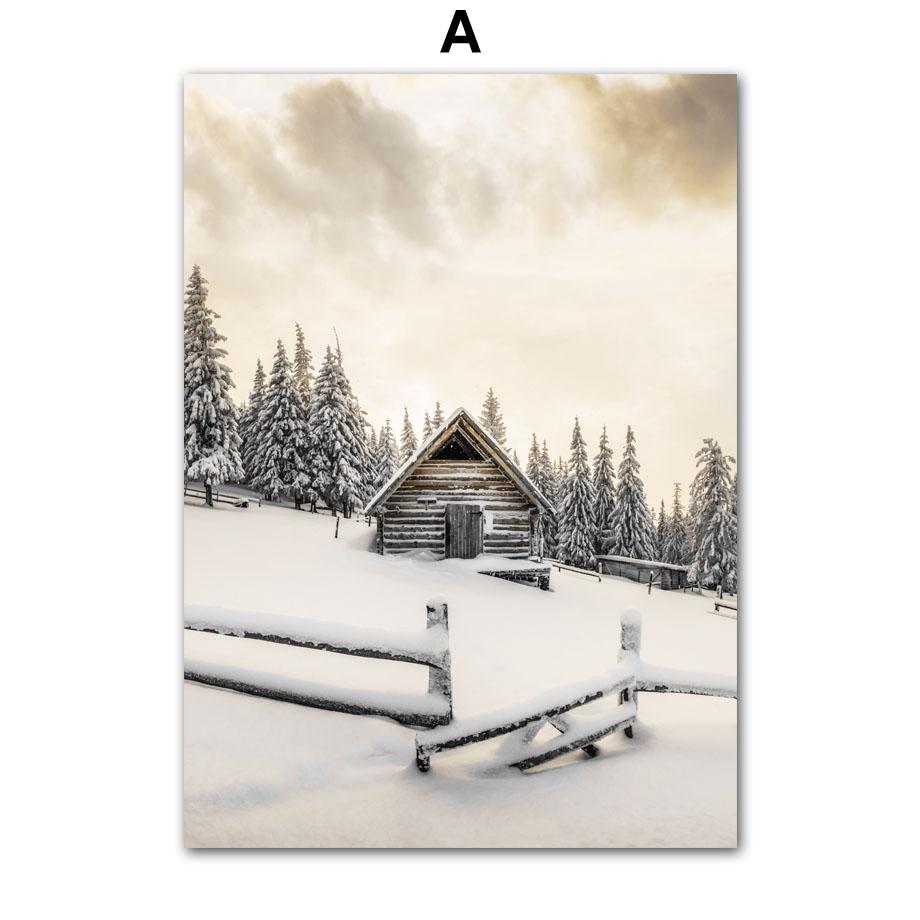 Wall Art Canvas Painting Christmas Deer Snow Pine Tree Train Winter Living Room Decoration Posters And Prints Home Wall Pictures