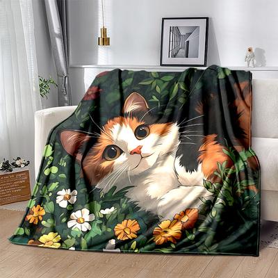 1 Stück Decke mit Orangenkatzen- und Blumendekor, Weiche, warme Bettwäsche, Überwurf für Raumdekoration, Wohnzimmer, Reisen, Camping, Autodecken