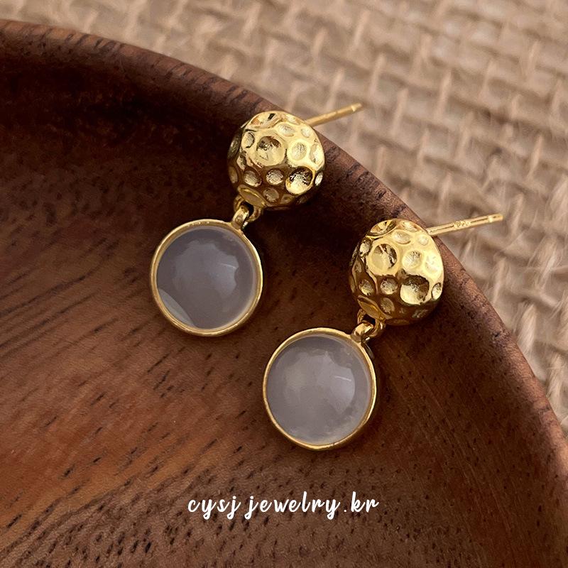 Cui Yan Textured S925 Sterling Silver Round Agate Dangle Earrings for Women 925 Sterling Silver