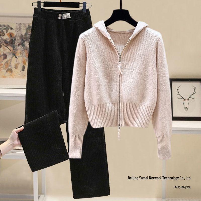Sweet Autumn & Winter Women's Double Zipper Hooded Knitted Sweater Set