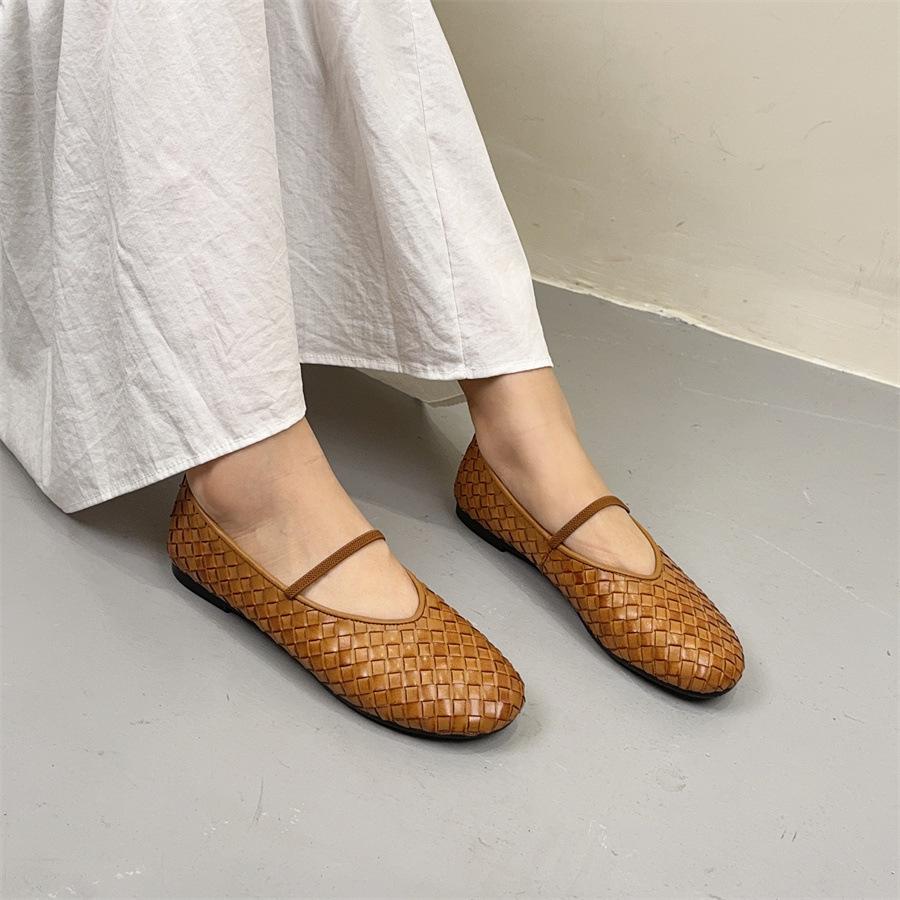 Johnature Retro-Schuhe aus handgefertigtem Echtleder mit Webmuster, flache, runde Zehenpartie, weiche Sohle, Damen-Schlupfschuhe