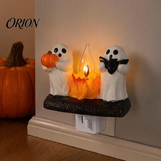 Decorative Wall Light Halloween Pumpkin Ghost Night with Witch Hat, Resin Soft Glow Unique Decor Plug-in LED Bedroom Light, Spooky Sconce for
