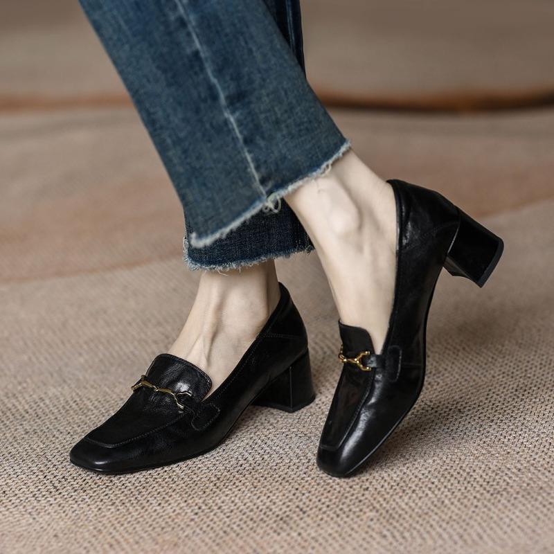 

Super soft~ sheepskin thick heel single shoes women s square head spring and autumn new one-pedal middle heel brown leather 40