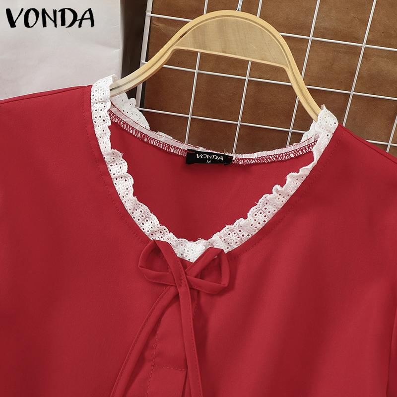 VONDA Women Summer Round Neck Puff Short Sleeve Lace Hem Blouses