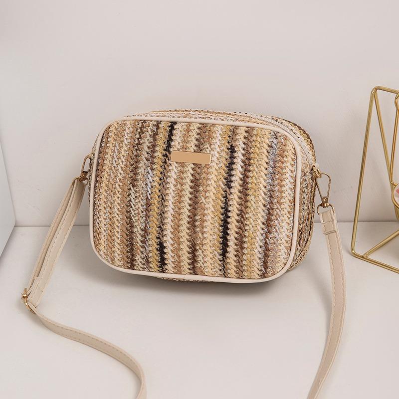 New Striped Zipper Wide Shoulder Strap Woven Straw Bag Fashionable and Simple Shoulder Messenger Bag
