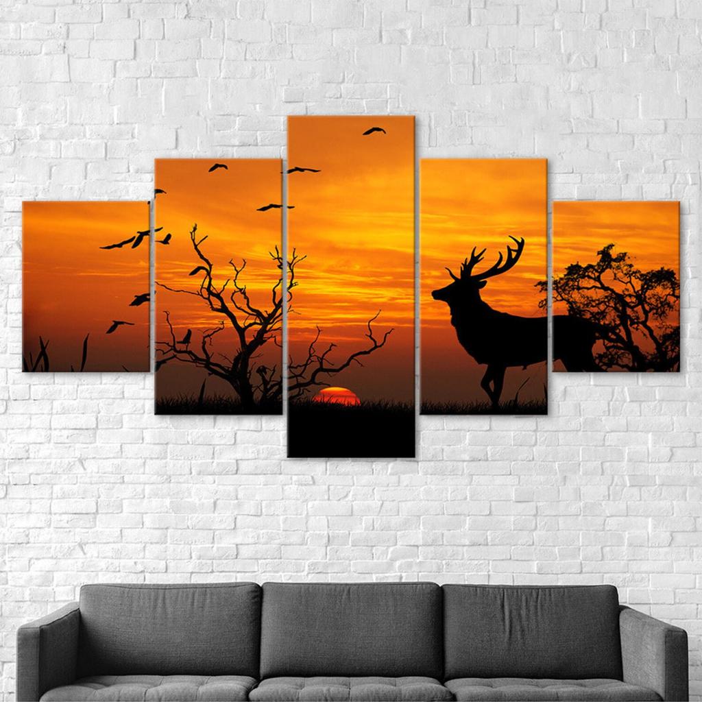 Deer Sunset Silhouette 5 Piece Five Panel Wall Canvas Print Modern Art Poster Picture Home Decor Gift For Him For Her