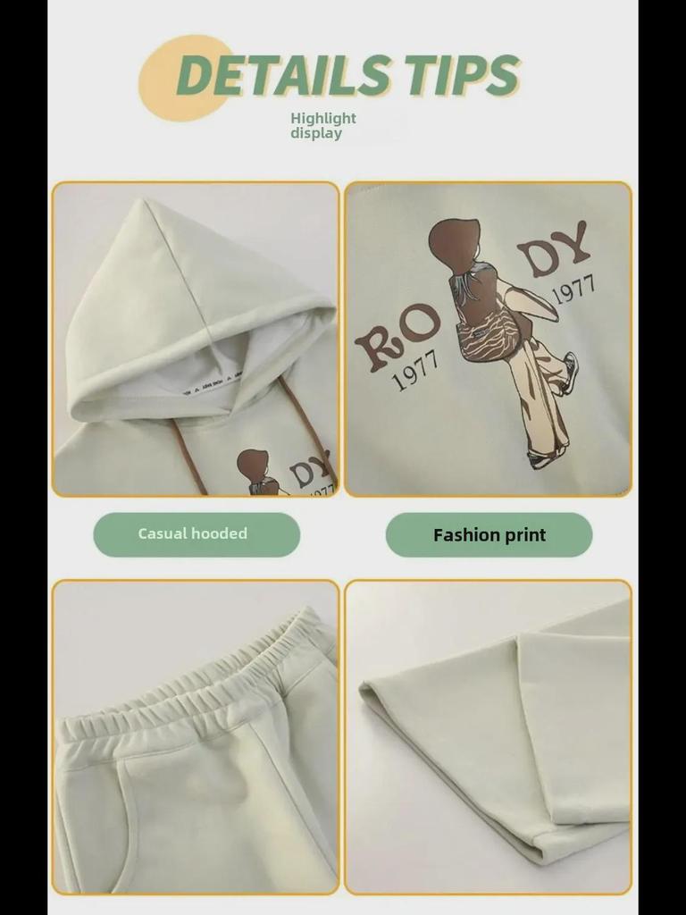 Girls' Spring/Autumn Letter Casual Hooded Sweatshirt & Trousers Set - Internet Celebrity Style Two-Piece Suit