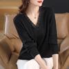 Moda de Primavera y Otoño Encaje Cuello en V Manga Larga Suéter de Punto Suéter Fino Top Camiseta Base para Mujer