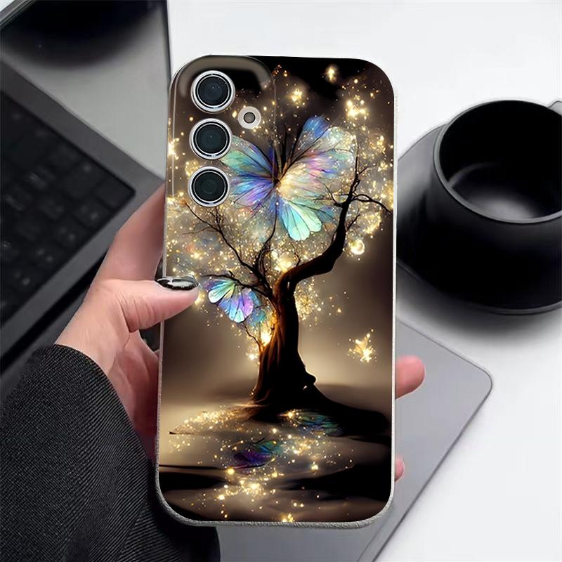 Shining Fantasy Tree Butterfly Pattern Case For Samsung Galaxy S26 Ultra S25 Edge S24 S23 S22 Plus S21 FE Leather Texture Silicone Cover