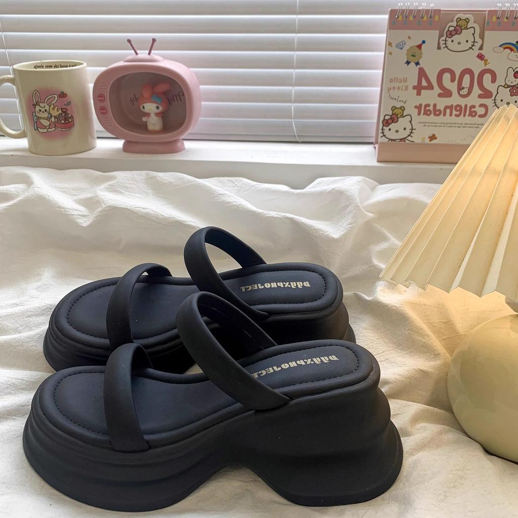 Thick-bottomed slope heel one-word slippers for women's outer wear 2025 summer new fashion casual versatile heightening beach cool slippers