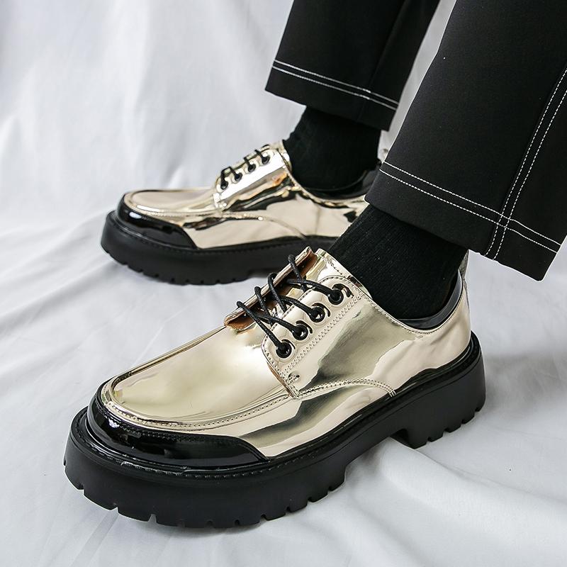 Fashion Thick Sole Shoes Men Business Casual Glossy Leather Dress Shoes Increase Height 4.5cm Casual Shoes Black White Gold Silver