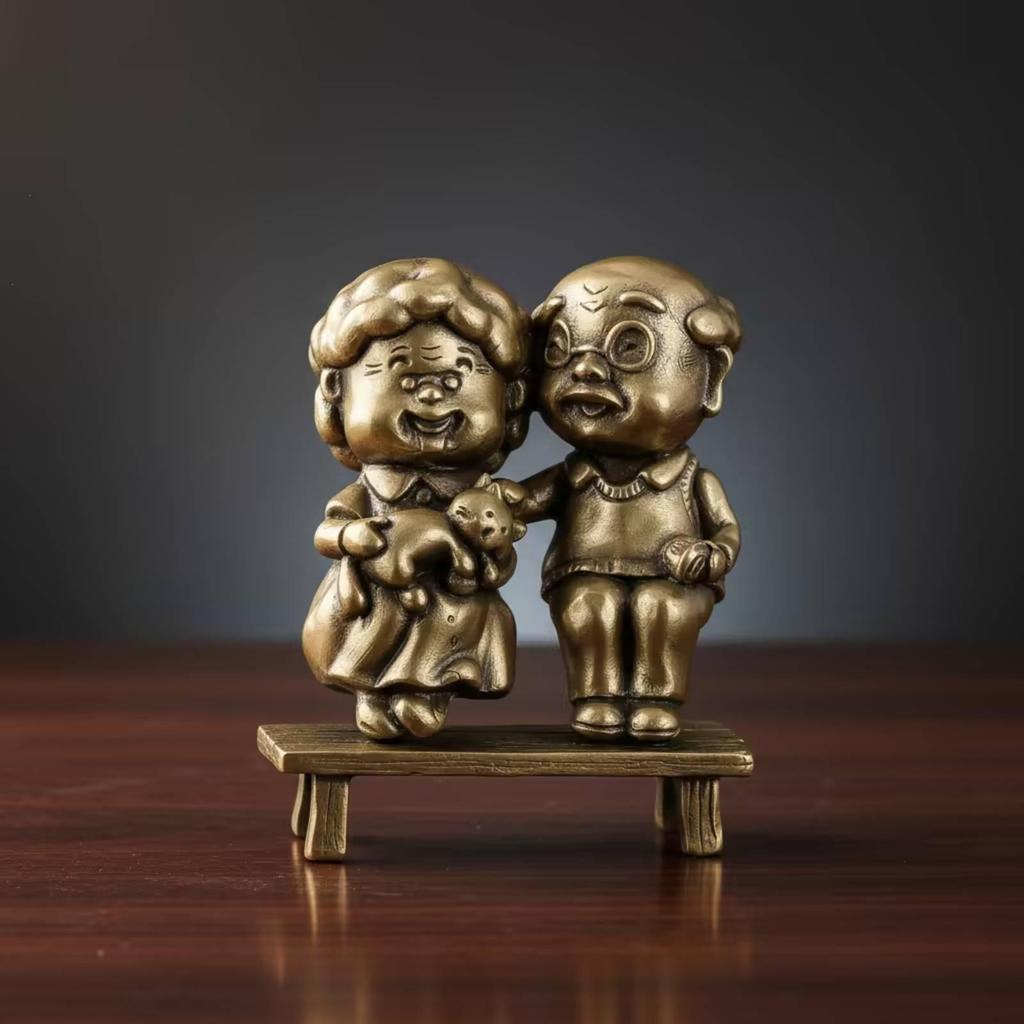 Elderly Couple Statue Brass Figurine with Bench MetalFinish for Couples, Desk