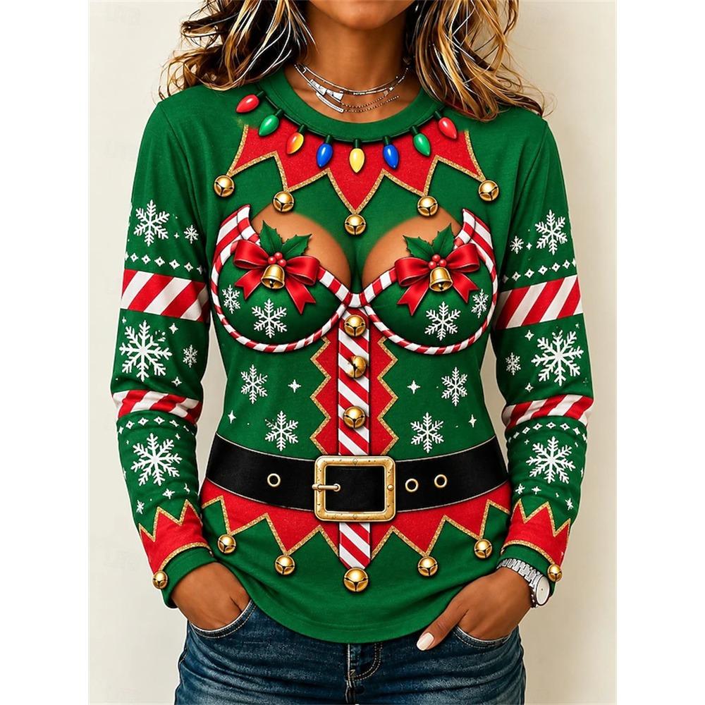 Women’s Long-Sleeve Christmas Pullover Crew Neck Sweatshirt with Christmas Tree and Gift Print Casual Top for Holiday Parties