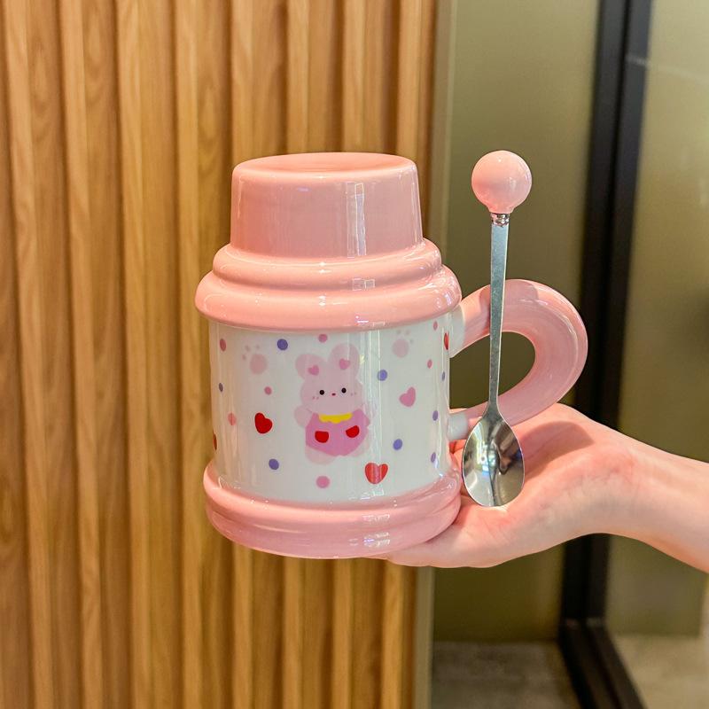 Cute and high-value puppy mug with lid spoon cartoon kitten ceramic cup for girl classmates birthday gift