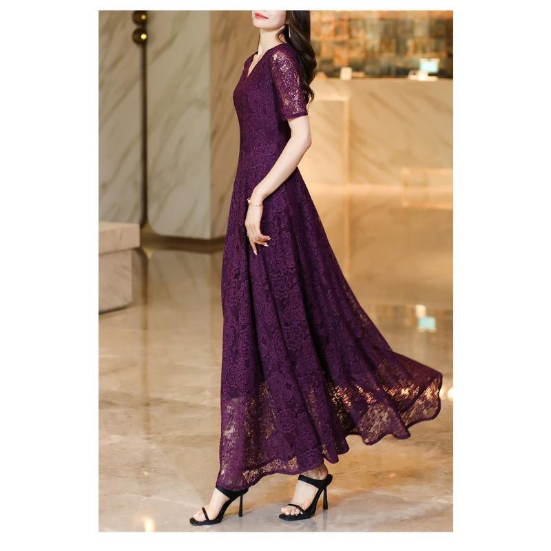 Dámské krajkové maxi šaty s véčkovým výstřihem a krátkým rukávem, áčkového střihu, elegantní společenské večerní šaty