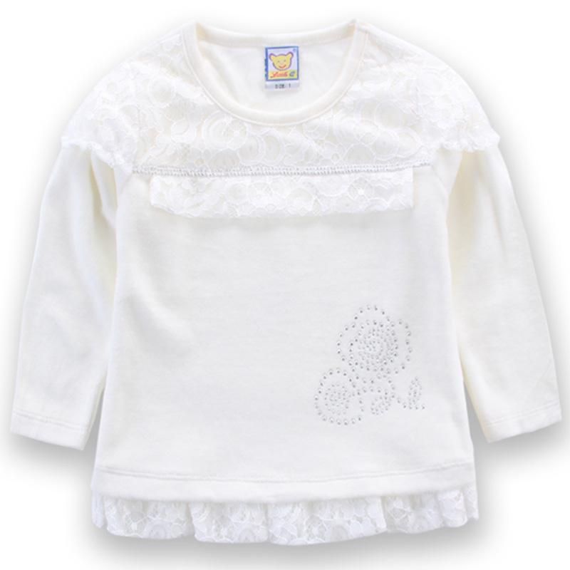 

Футболка для девочек, детская рубашка с длинными рукавами, кружевной хлопковый утепленный пуловер с защитой от холода, топы, толстовка 4T белый