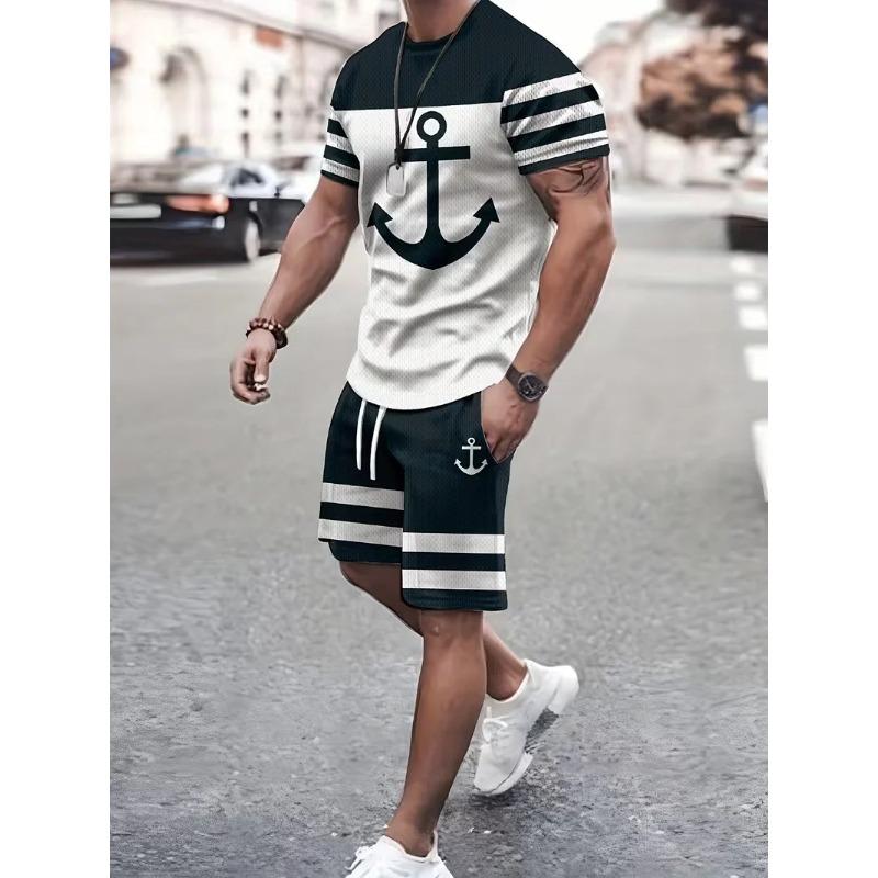 

Anchor And Stripe T shirt Shorts Set 3D Color Block Print Men Women T-shirt Outfits Outdoor Street Sport Tee Two-Piece Set 4XL
