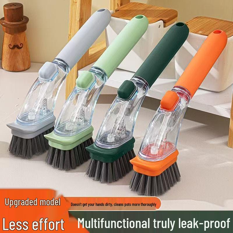 Long-Handled Dishwashing Brush with Automatic Liquid Dispensing and Steel Wire Bristles for Pot and Pet Cleaning.