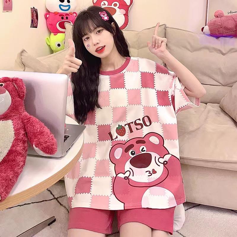 Jährlicher Pyjama Damen Imitationsbaumwolle Kurzarm Zweiteiler, Sommer Damen Erdbeer-Loungewear Kann Draußen Getragen Werden