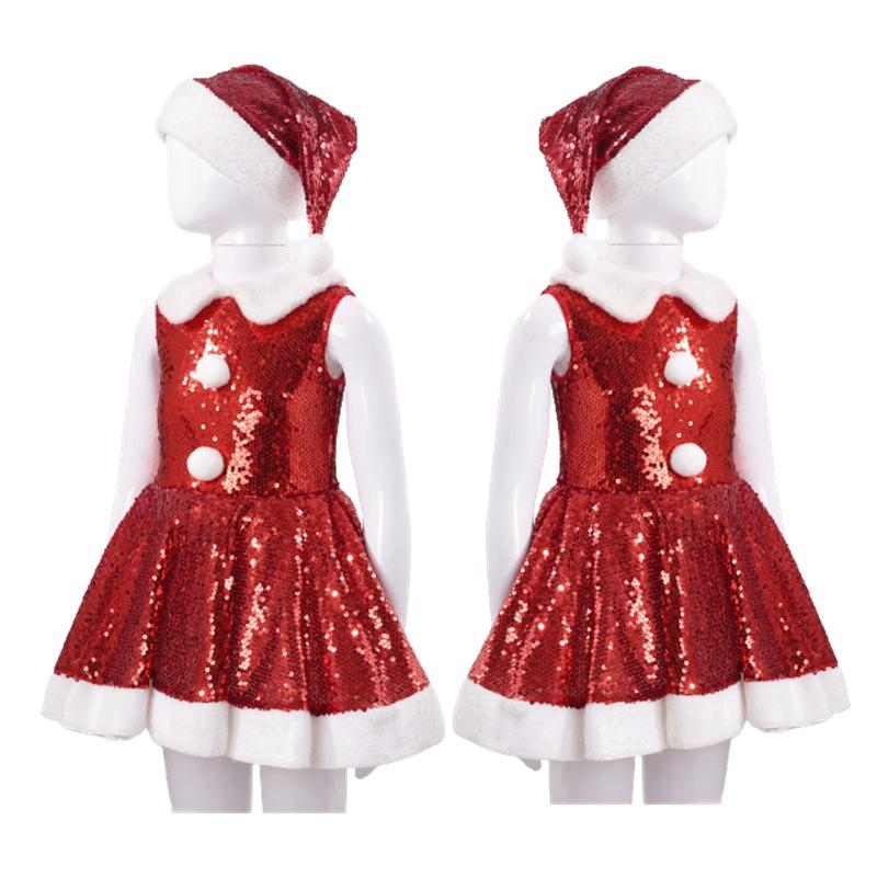 Kinder-Mädchen-Weihnachts-Weihnachtsmann-Skate-Ballett-Tanzkleid-Outfit mit Pailletten und Weihnachtsmütze
