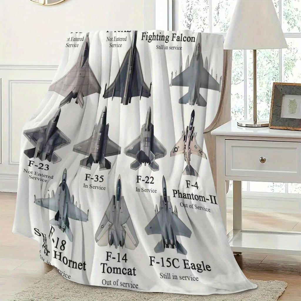 Mid-Century Modern Fighter Jet Design Flannel Throw Blanket - Soft All-Season F-22 Raptor to F-16 Falcon Collection - Aviation
