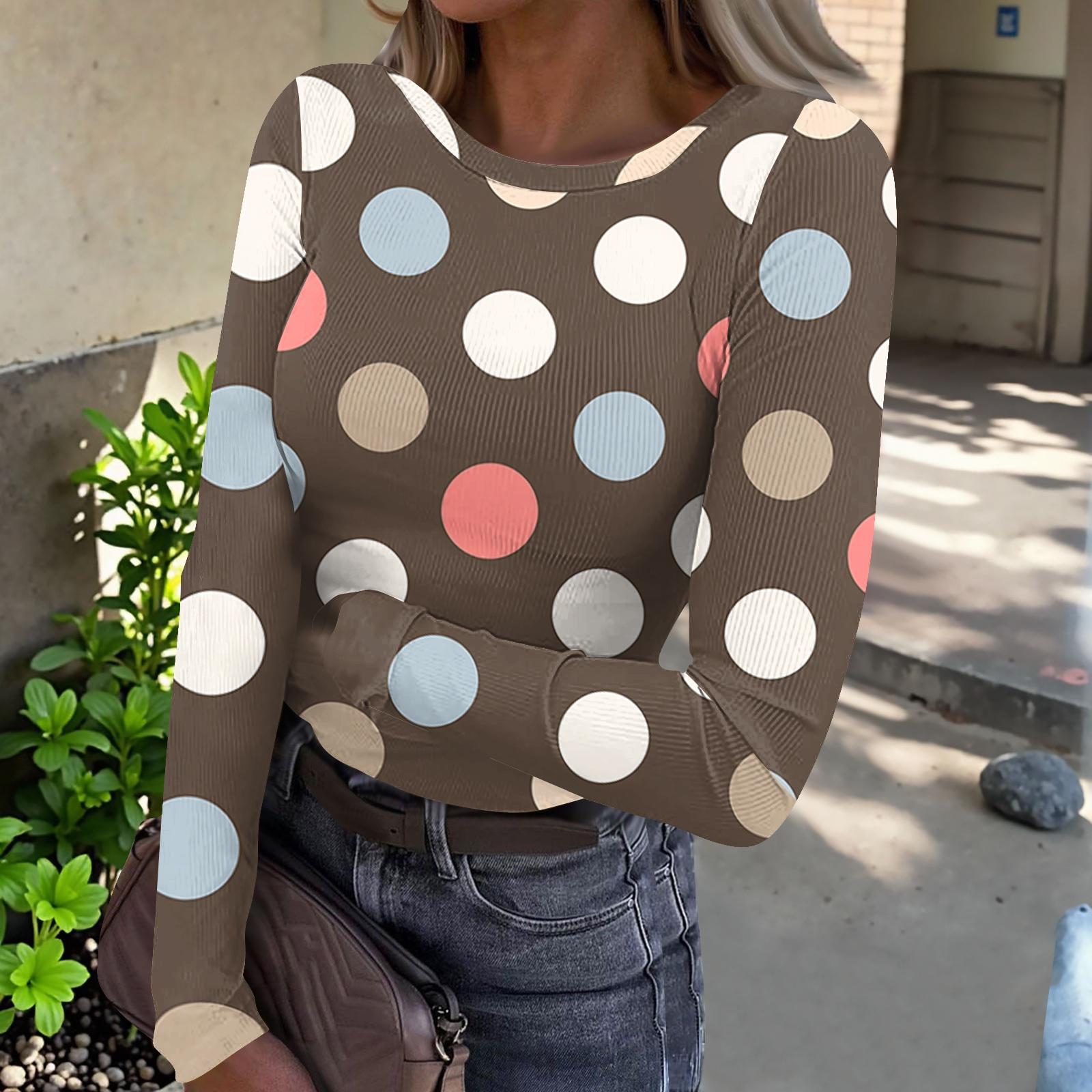 Women s Casual Long Sleeve Ribbed Top Polka Dot Print Crew Neck Slim Fit Stretchy Knit Shirt L