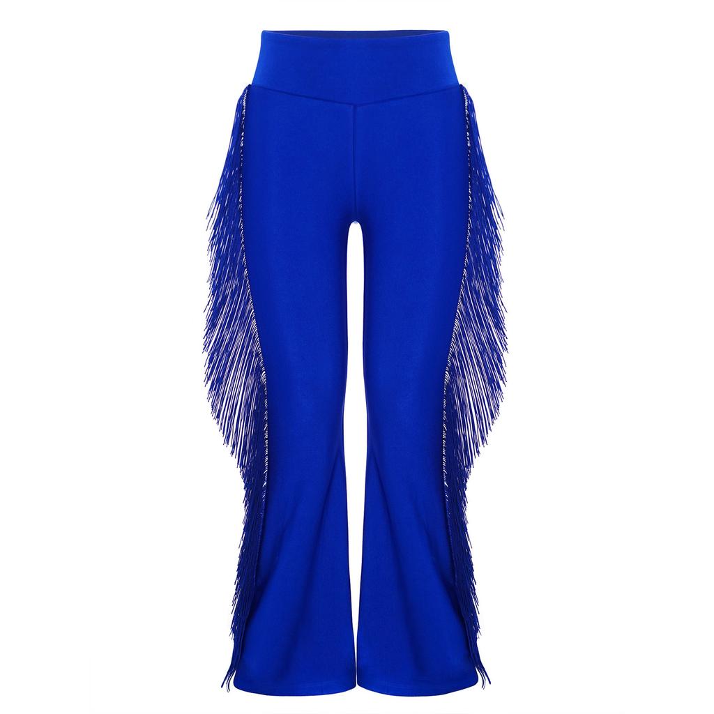 Chłopięce spodnie do tańca latynoamerykańskiego elastyczny pas z frędzlami styl dzwonów spodnie do występów ballroomowych