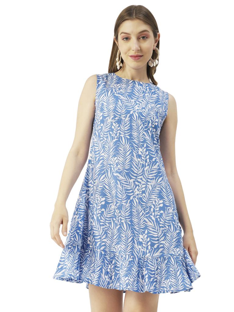 Moomaya Women  S Printed Short Dress, Sleeveless Frilled Hem Round Neck Mini