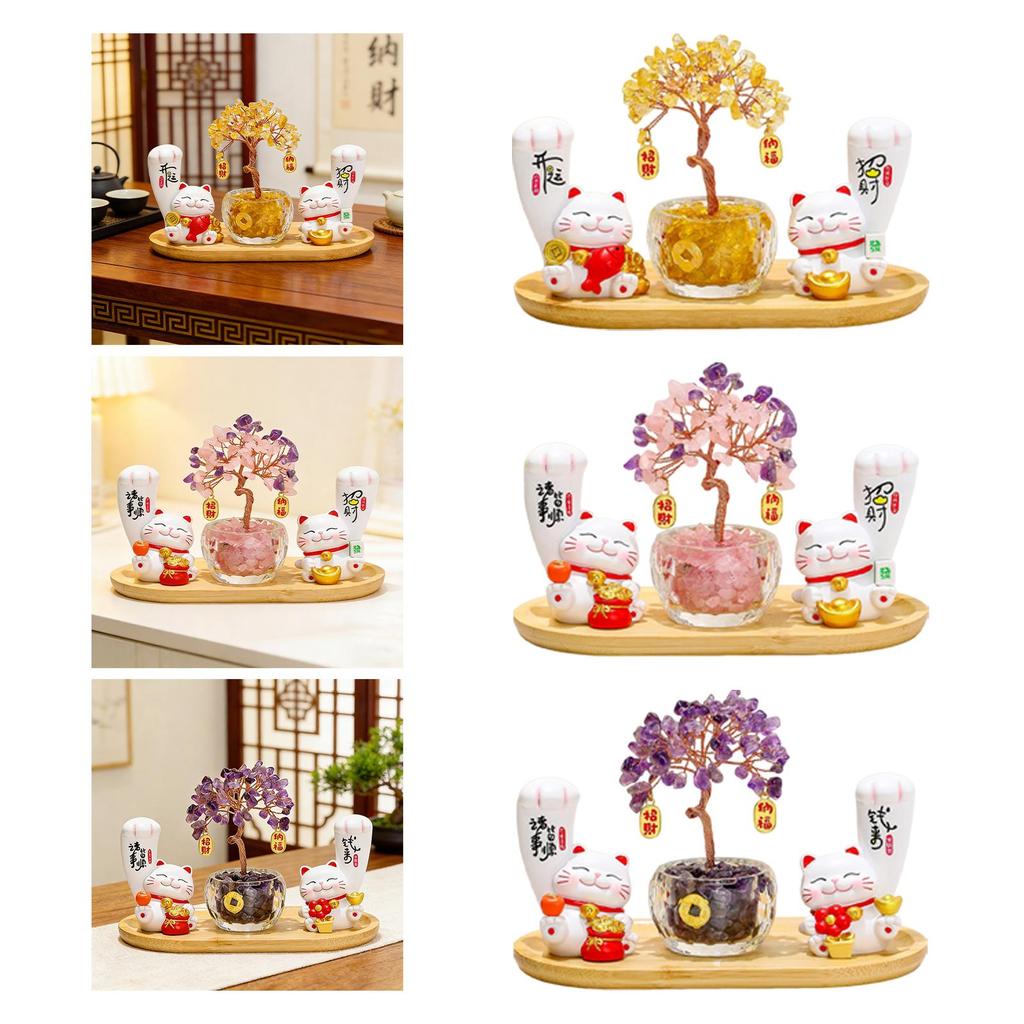 Resin Wood Cat Sculpture Feng Shui Lucky Cat Money Tree Ornament for TV Cabinet Birthday Gift