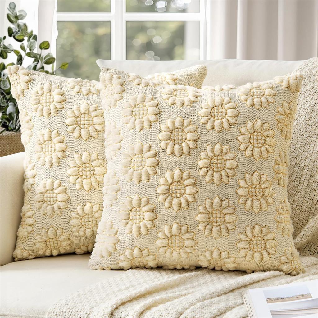 Sonnenblumen-Stickerei Kissenbezug Plüsch Jacquard Kissenhülle Quadratisch Dekorative Zierkissenbezug für Sofa Bett Auto