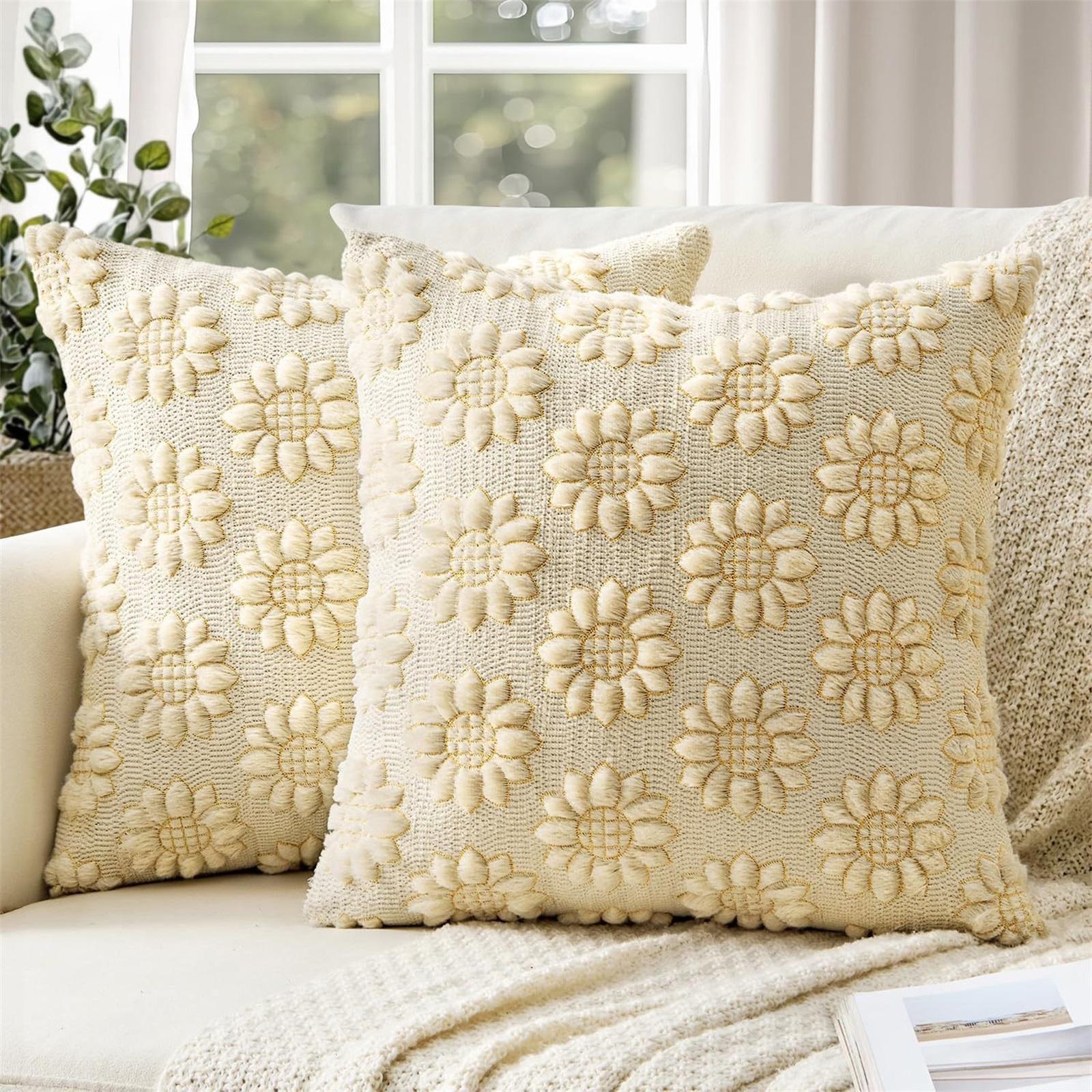 

Sunflower Embroidered Pillow Cover Plush Jacquard Cushion Case Square Decorative Throw Pillow Sham for Sofa Bed Car One Size бежевый